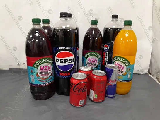 APPROXIMATELY 11 ASSORTED DRINK TO INCLUDE ROBINSONS CONCENTRATED SOFT DRINK SUMMER FRUITS, PEPSI MAX, COCA COLA, RED BULL 