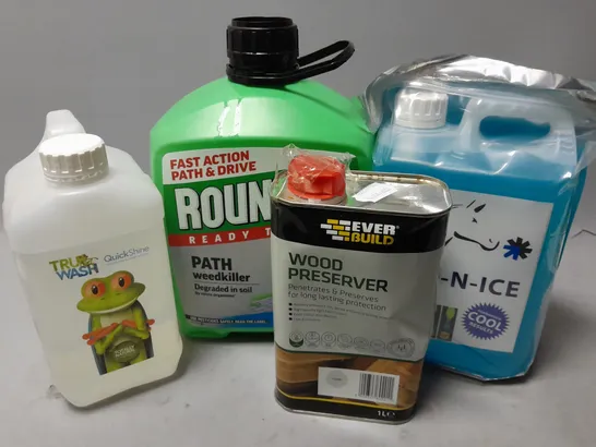 4 ASSORTED LIQUIDS TO INCLUDE EQUI-N-ICE, ROUNDUP PATH WEEDKILLER (5L), EVER BUILD WOOD PRESERVER (1L), ETC - COLLECTION ONLY