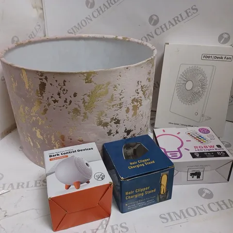 BOX OF 5 ASSORTED ITEMS TO INCLUDE desk fan, light shade, bark control device etc