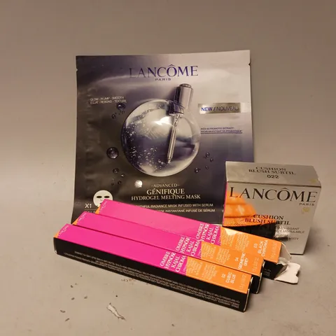 5 ASSORTED LANCOME BEAUTY PRODUCTS TO INCLUDE COOLING CUSHION BLUSH, ADVANCED GENIFIQUE HYDROGEL MELTING MASK, 4-IN-1 CREAMY EYELINER, KHOL, EYESHADOW & FRECKLES KAJAL PENCIL 