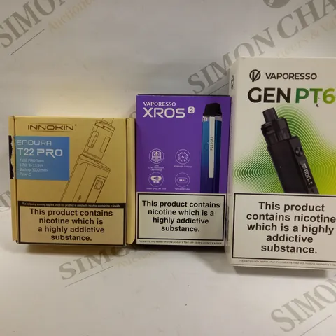 BOX OF APPROXMATELY 28 E-CIGARETTES AND LIQUIDS TO INCLUDE VAPORESSO GEN PT60, VAPROSSO XROS2, INNOKIN ENDURA T22 PRO, ETC