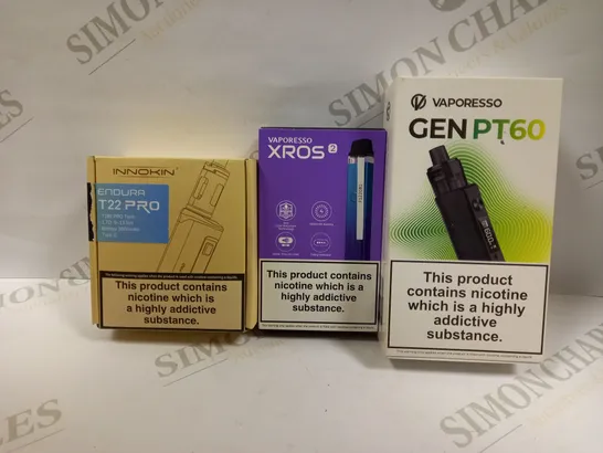 BOX OF APPROXMATELY 28 E-CIGARETTES AND LIQUIDS TO INCLUDE VAPORESSO GEN PT60, VAPROSSO XROS2, INNOKIN ENDURA T22 PRO, ETC