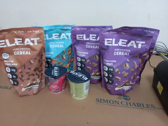 LOT OF 8 ELEAT HIGH PROTEIN CEREAL ASSORTED SIZES AND FLAVOURS