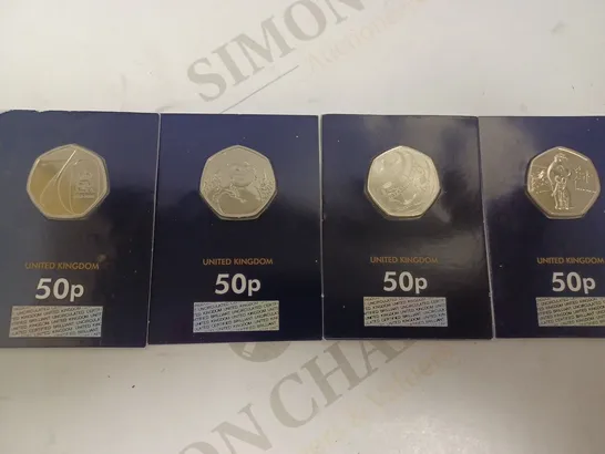 SET OF 4 COLLECTABLE 50P COINS INCLUDING SNOWMAN, 70TH ANNIVERSAY AND 100 YEARS OF BBC