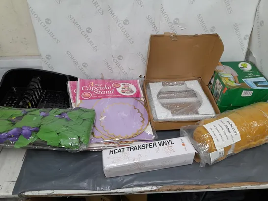 BOX OF APPROXIMATELY 15 ASSORTED HOUSEHOLD ITEMS TO INCLUDE CABBAGE CUTTER, DRYING RACK, AND HEAT TRANSFER VINYL ETC. 