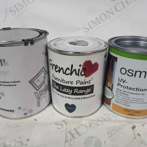 LOT OF APPROXIMATELY 5 ASSORTED HOUSEHOLD ITEMS TO INCLUDE OSMO UV-PROTECTION -OIL, FRENCHIC FURNITURE PAINT, HEMWAY CHALK PAINT, ETC