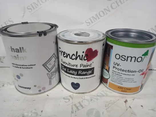 LOT OF APPROXIMATELY 5 ASSORTED HOUSEHOLD ITEMS TO INCLUDE OSMO UV-PROTECTION -OIL, FRENCHIC FURNITURE PAINT, HEMWAY CHALK PAINT, ETC