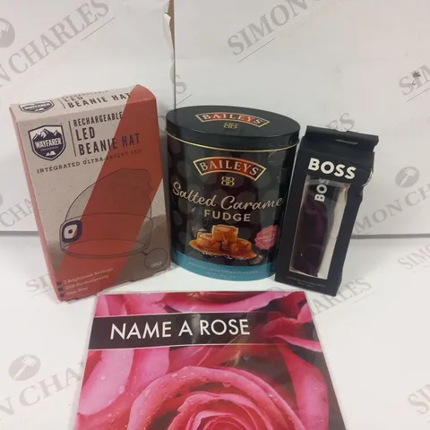 APPROXIMATELY 8 ASSORTED PRODUCTS TO INCLUDE; NAME A ROSE, LED BEANIE HAT, BAILEYS SALTED CARAMEL FUDGE AND HUGO BOSS APPLE WATCH STRAP