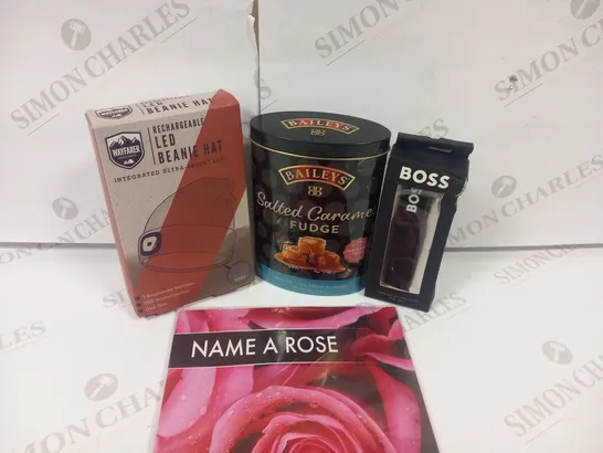 APPROXIMATELY 8 ASSORTED PRODUCTS TO INCLUDE; NAME A ROSE, LED BEANIE HAT, BAILEYS SALTED CARAMEL FUDGE AND HUGO BOSS APPLE WATCH STRAP