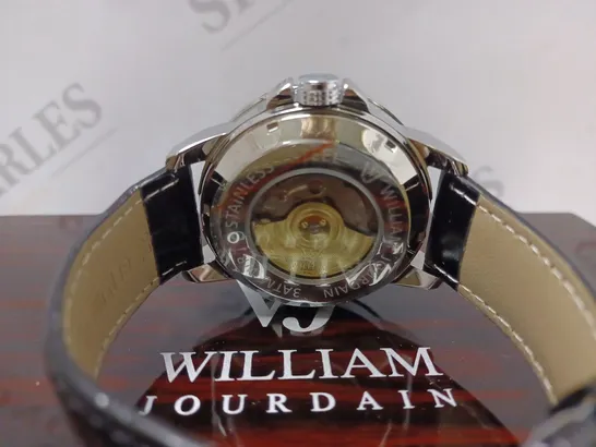 MENS WILLIAM JOURDAIN AUTOMATIC 2580 WATCH – OPEN HEART MOVEMENT WITH SUB DIALS – GLASS EXHIBITION BACK CASE – BLACK GENUINE LEATHER STRAP