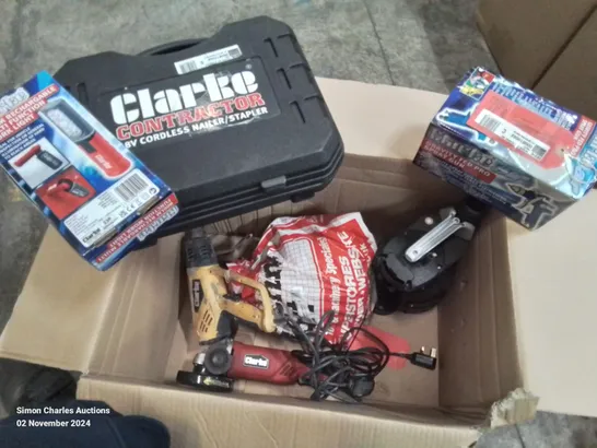 BOX OF MIXED TOOLS TO INCLUDE, 18V CORDLESS NAILER/STAPLER, HEAT GUN, ANGLE GRINDER, WORK LIGHT ETC.