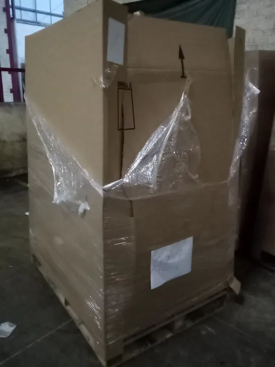 UNPROCESSED PALLET OF ASSORTED HOUSEHOLD GOODS TO INCLUDE OFFICE STOOL, GREY FOLDING CHAIR, AND FLOATING SHELVES 