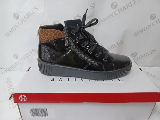 BOXED PAIR OF RIEKER HI TOP TRAINERS IN BLACK UK SIZE 6