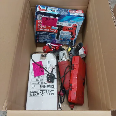 BOX OF ASSORTED TOOLS INCLUDING; HAMNER DRILL, OIL ROTARY PUMP ETC