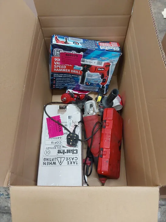 BOX OF ASSORTED TOOLS INCLUDING; HAMNER DRILL, OIL ROTARY PUMP ETC