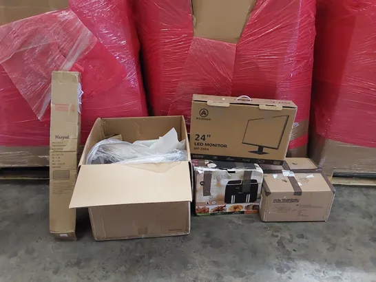 PALLET OF ASSORTED ITEMS INCLUDING: 24" LED MONITOR, AIR FRYER, OFFICE CHAIR, CEILING LIGHT, CHAIR MAT