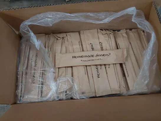 BOXED SET OF APPROX 500 WRAPPED WOODEN KNIFES & FORKS