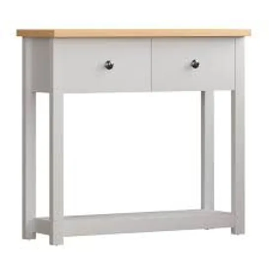 BOXED MANZO ARLINGTON 80CM 2 DRAWER CONSOLE TABLE WHITE/OAK