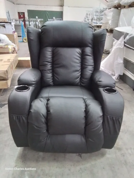 DESIGNER MANUAL RECLINING ROCKING/SWIVEL EASY CHAIR BLACK LEATHER 