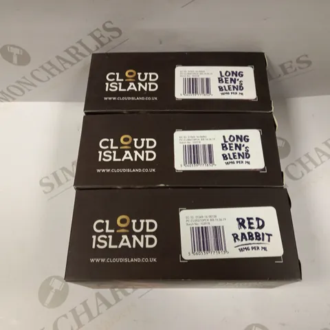 LOT OF 3 CLOUD ISLAND MIXED E-CIG LIQUID BOXES (LONG BEN'S BLEND AND RED RABBIT), (10 X 10ML BOTTTLES PER BOX) 18MG PER ML