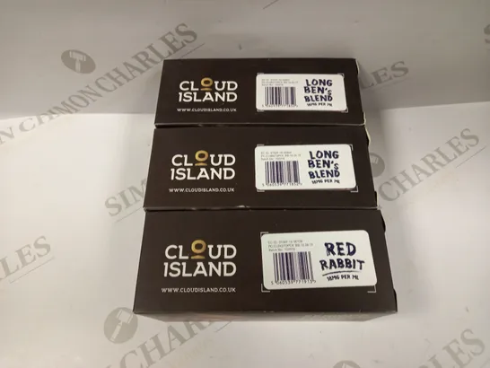 LOT OF 3 CLOUD ISLAND MIXED E-CIG LIQUID BOXES (LONG BEN'S BLEND AND RED RABBIT), (10 X 10ML BOTTTLES PER BOX) 18MG PER ML