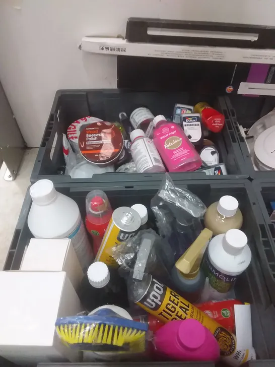 4 TOTES OF ASSORTED ITEMS INCLUDING, PAINTING SUPPLIES, CLEANING PRODUCTS, SMOKE ALARM AND UNDER CABINET LIGHT 