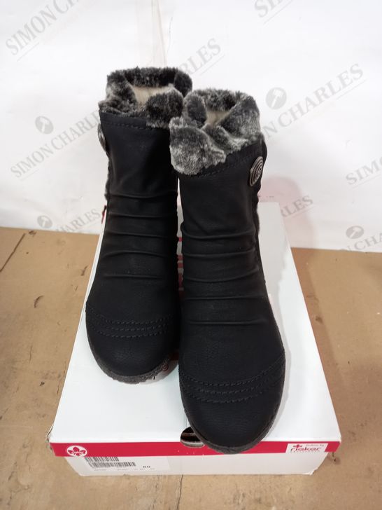 BOXED PAIR OF RIEKER BLACK WEDGE ANKLE BOOTS WITH FAUX FUR TRIM, EU SIZE 39