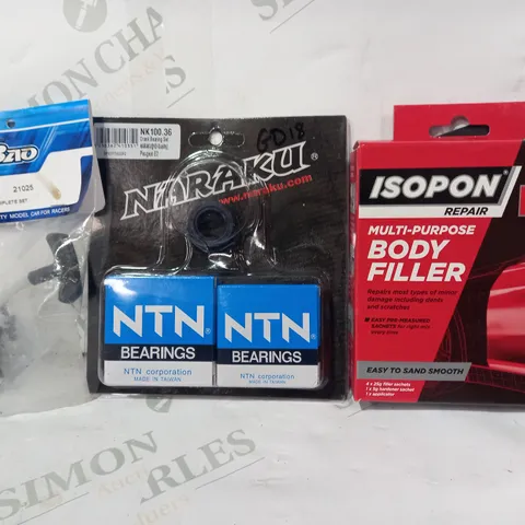 LOT OF APPROXIMATELY 8 ASSORTED CAR AND VEHICLE PARTS AND ITEMS TO INCLUDE ISOPON P.38 MULTI-PURPOSE BODY FILLER, NARAKU CRANK BEARING SET, HOBAO PULL STARTER COMPLETE SET, ETC