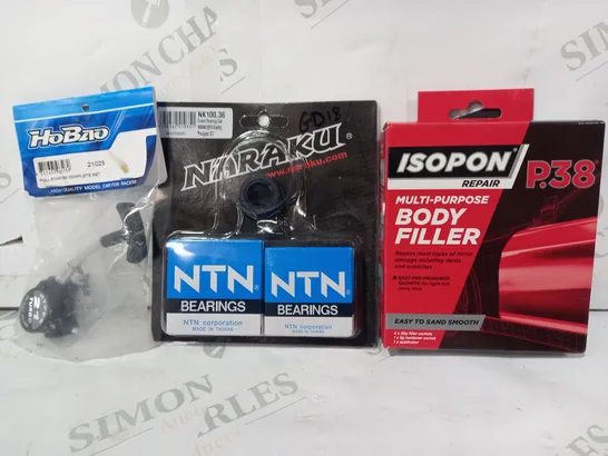 LOT OF APPROXIMATELY 8 ASSORTED CAR AND VEHICLE PARTS AND ITEMS TO INCLUDE ISOPON P.38 MULTI-PURPOSE BODY FILLER, NARAKU CRANK BEARING SET, HOBAO PULL STARTER COMPLETE SET, ETC