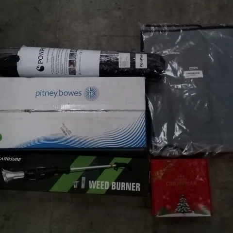 PALLET OF ASSORTED ITEMS INCLUDING CARDSURE WEED BURNER, MERRY CHRISTMAS SCENTED CANDLES, UNDERBED STORAGE BAG, PITNEY BOWES ENVELOPES, PONPON CARPET PROTECTIVE FILM, GETFIT AIR BED