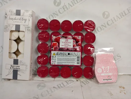 LOT OF APPROXIMATELY 10 ASSORTED HOUSEHOLD ITEMS TO INCLUDE SCENTSY PINK COTTON WAX MELT, 25 FROSTED CHERRY TEALIGHTS, SANDWICK BAY CANDLES, ETC