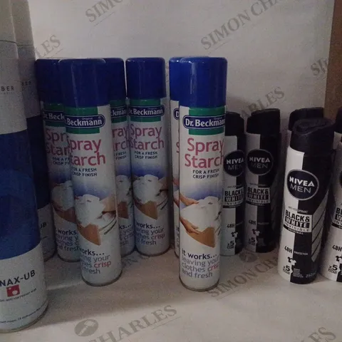 BOX OF HOUSEHOLD ITEMS TO INCLUDE SPRAY STARCH , NIVEA MEN ANTI-PERSPIRANT , ETC