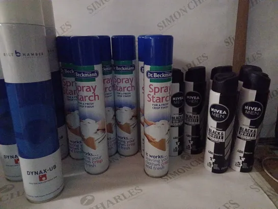 BOX OF HOUSEHOLD ITEMS TO INCLUDE SPRAY STARCH , NIVEA MEN ANTI-PERSPIRANT , ETC