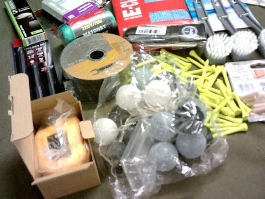 BOX OF ASSORTED HOMEWARE ITEMS TO INCLUDE SILICONE MOULDS, LED BATTERY STRING LIGHTS, GOLF TEES, CHILD SAFETY CUPBOARD LOCKS  