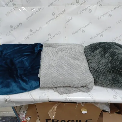 LOT OF 3 BLANKET THROWS IN BLUE, SILVER, AND GREY