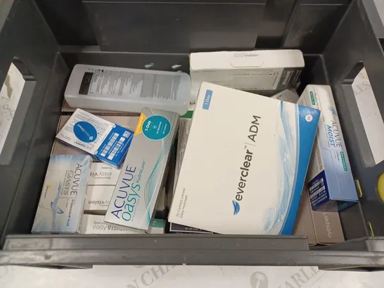 BOX TO CONTAIN APPROX. 30 X ASSORTED VISION CARE & ANTI-SMOKING PRODUCTS. INCLUDES CONTACT LENSES & CLEANING SOLUTION, NICORETTE ANTI-SMOKING PRODUCTS ETC - COLLECTION ONLY