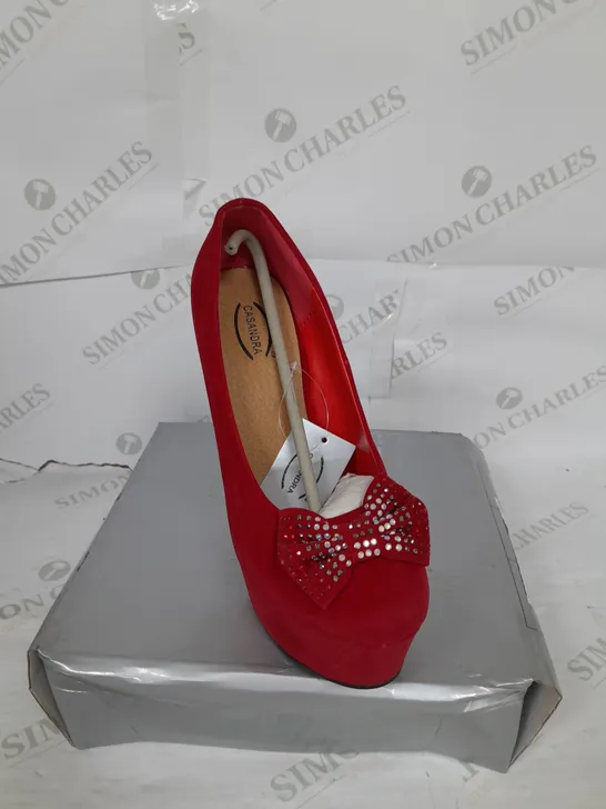 CASSANDRA PLATFORM STILLETO HEEL IN  RED SUEDE WITH PHINESTONE BOW DETAIL SIZE 5