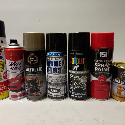 BOX OF APPROX 11 ADHESIVE ITEMS TO INCLUDE - HAMMER EFFECT IN BLACK - 151 SPRAY PAINT RED - COLOUR IT QUICK DRYING PAINT ETC