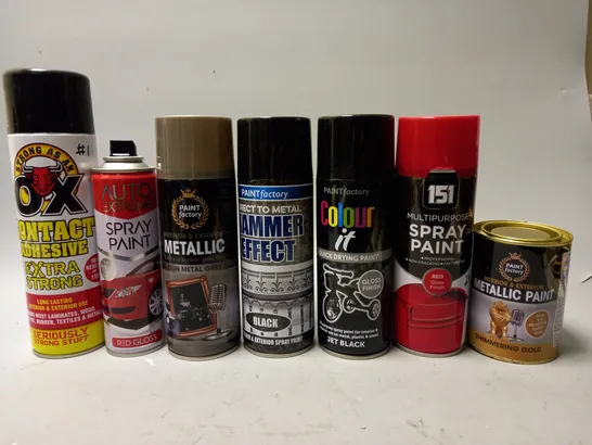 BOX OF APPROX 11 ADHESIVE ITEMS TO INCLUDE - HAMMER EFFECT IN BLACK - 151 SPRAY PAINT RED - COLOUR IT QUICK DRYING PAINT ETC