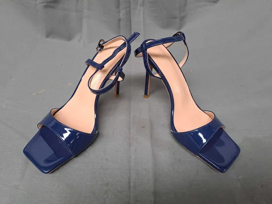 BOXED PAIR OF DESIGNER OPEN TOE HIGH HEEL SANDALS IN BLUE EU SIZE 36