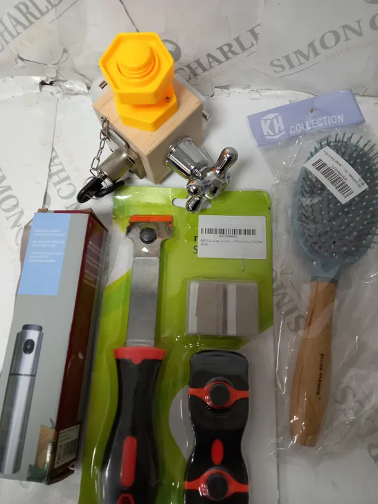 BOX OF ASSORTED ITEMS TO INCLUDE - GLASS SCRAPER / HAIR BRUSH /OIL/VINAGER SPRAYER 