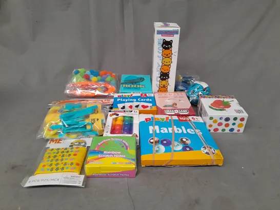 LOT OF ASSORTED TOYS AND GAMES TO INCLUDE PLAYING CARDS, MARBLES AND CRAYOLA