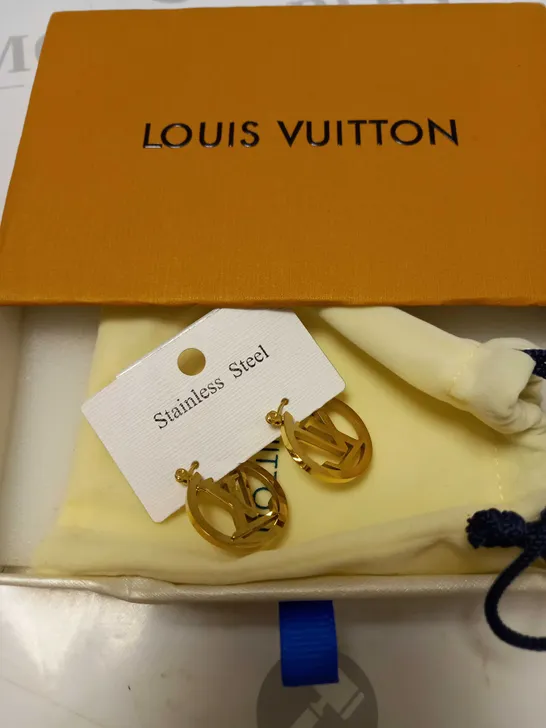 BOXED LOUIS VUITTON STAINLESS STEEL HOOP BRANDED EARRINGS WITH LV LOGO 