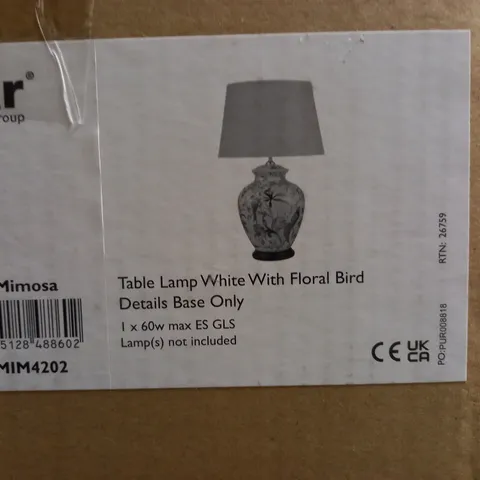 BOXED DAR MIMOSA TABLE LAMP WHITE WITH FLORAL BIRD DETAILS BASE ONLY