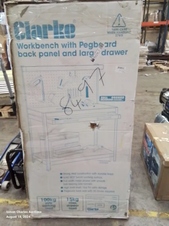 BOXED CLARKE WORKBENCH WITH PEGBOARD BACK PANEL AND LARGE DRAWER