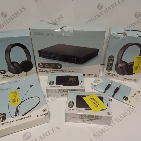 BOX OF APPROX 20 ASDATECH ITEMS INCLUDING WIRED HEADPHONES, DVD PLAYER WITH HDMI FUNCTION AND POCKET RADIO