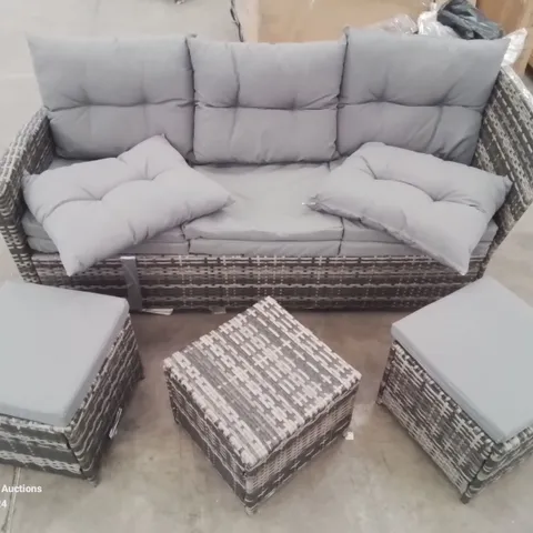 3 SEATER RATTAN SOFA AND 3 FOOT STOOLS WITH ASSORTED CUSHIONS, 