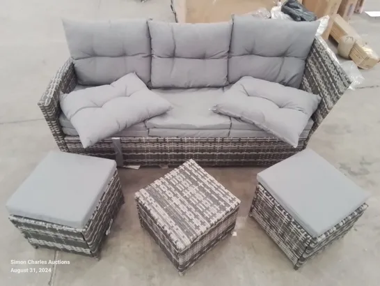 3 SEATER RATTAN SOFA AND 3 FOOT STOOLS WITH ASSORTED CUSHIONS, 