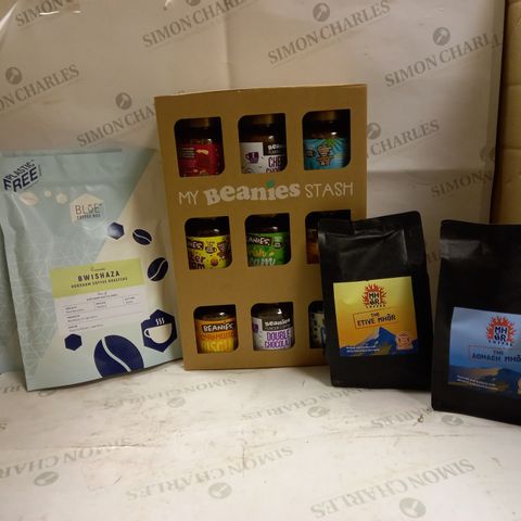 LOT OF 5 ASSORTED COFFEE PRODUCTS TO INCLUDE MY BEANIES STASH , BLUE COFFEE BOX , MHR COFFEE ECT