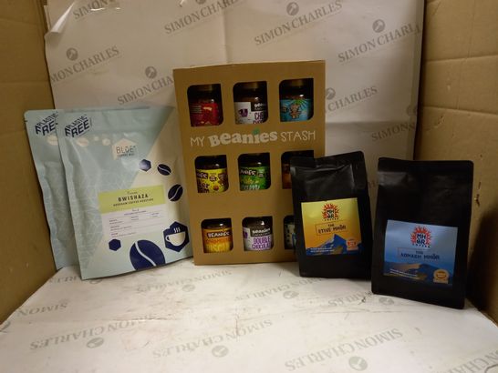 LOT OF 5 ASSORTED COFFEE PRODUCTS TO INCLUDE MY BEANIES STASH , BLUE COFFEE BOX , MHR COFFEE ECT